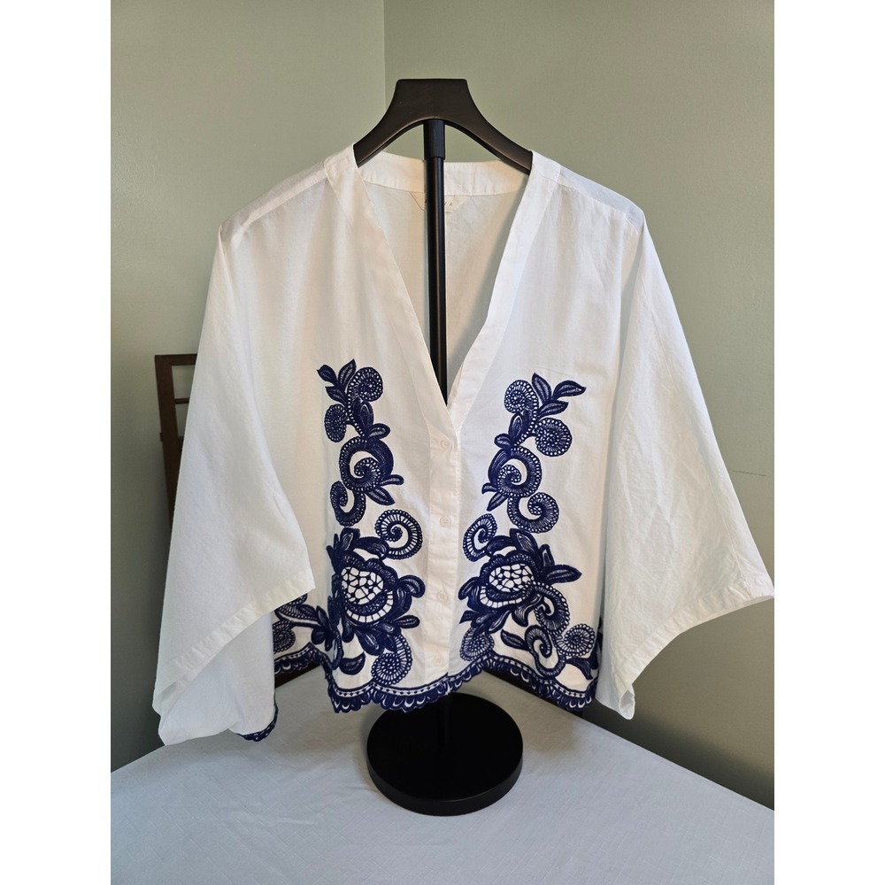 Adiva Womens 1X White Cotton Navy Blue Embroidered Kimono Sleeve Boho